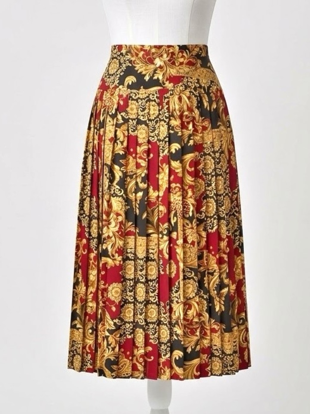 Vintage Jones New York Baroque Pleated Midi Skirt Red Gold Medallion Size 8P